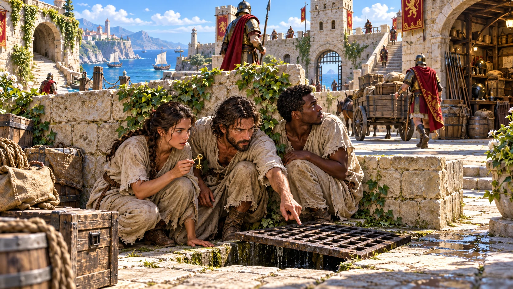 Three captives examine a courtyard drain while guards patrol a coastal fortress and confiscated equipment rests nearby.