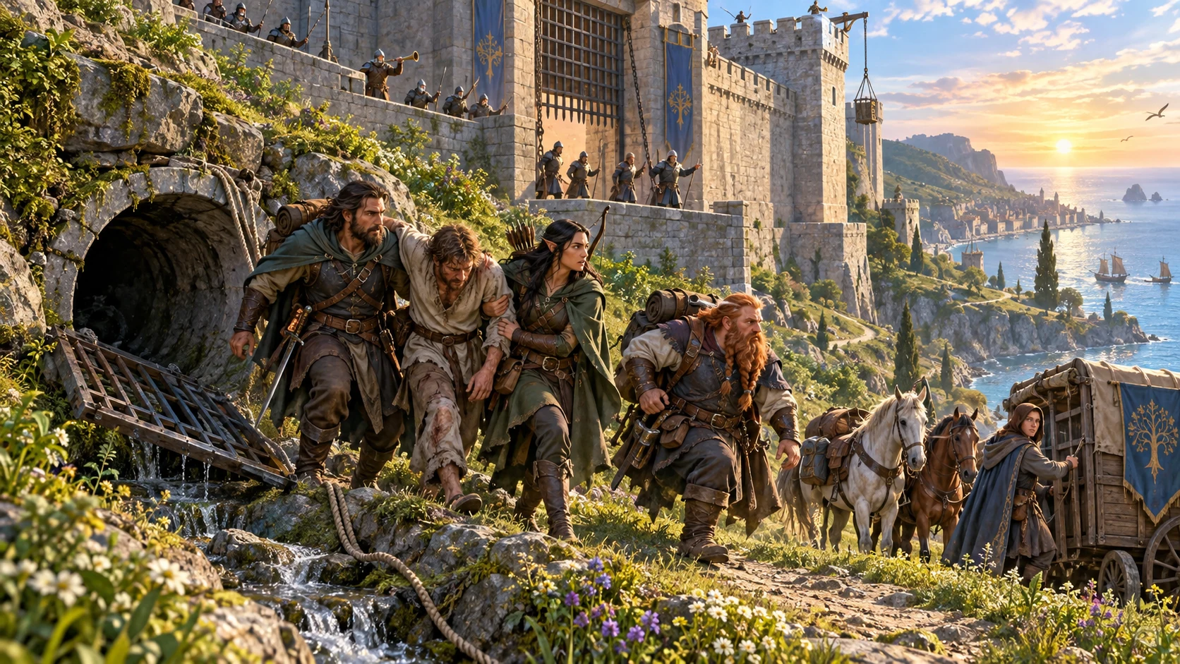 Escaped adventurers help an injured companion down a fortress path while guards raise the alarm and allies wait beside horses.