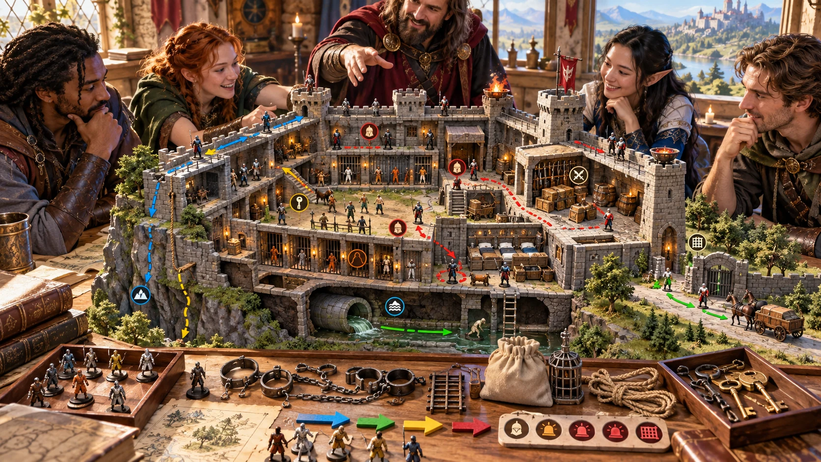 Players review a fortress model with guards, alarm markers, keys and several coloured breakout routes at a campaign table.